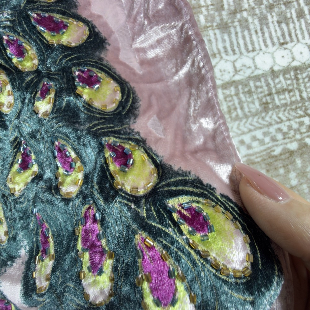 100% Silk Wrap, Brown, Peacock, Unique! Approx 66 Inches X 21 Inches Pink